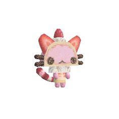 an animal toy with pink and white fur on it's head, sitting in front of a white background