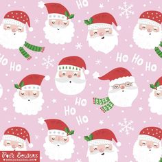 santa clauss and snowflakes are on pink background with white lettering that reads ho ho ho