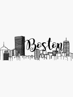 a black and white drawing of the word boston in front of a cityscape