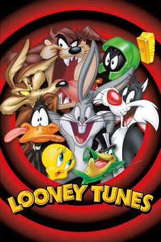 looney tunes logo with many cartoon characters