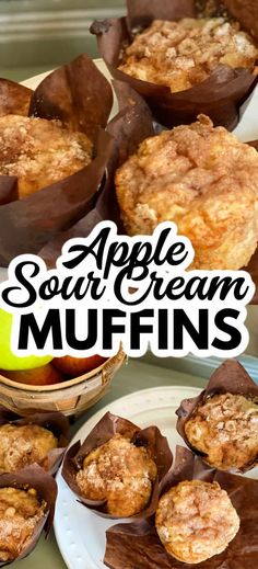 apple sour cream muffins on plates with the title overlay reads, apple sour cream muffins