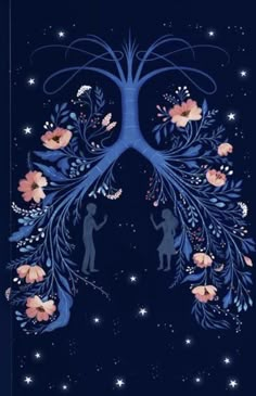 an illustration of the lungs with flowers and stars on it's sides, against a dark blue background