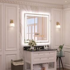 a bathroom with white walls and marble counter tops, an illuminated mirror above the sink