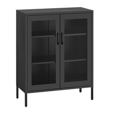 a black cabinet with two doors and shelves