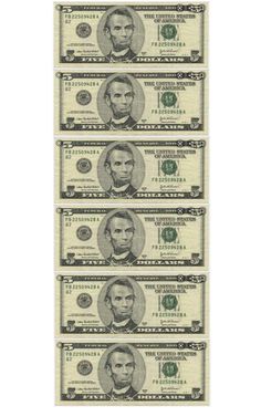 five dollar bills with the faces of abraham lincoln and abraham lincoln on each one side