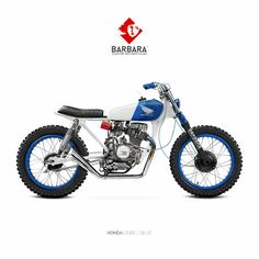 a blue and white dirt bike on a white background with the words barbara written below it