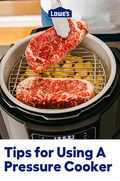 two steaks being cooked in an air fryer with the words tips for using a pressure cooker