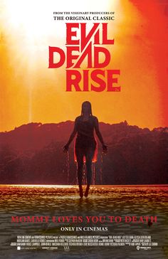 a movie poster for the film evil dead rise, with a woman walking in water