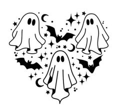 three ghost heads in the shape of a heart with stars and bats around them on a white background