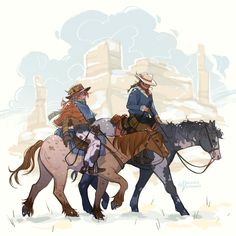 two cowboys are riding horses in the snow