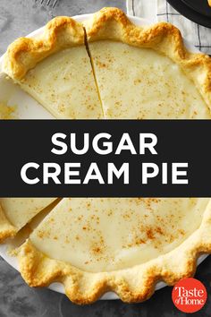 a pie with the words sugar cream pie on it and an image of a slice missing