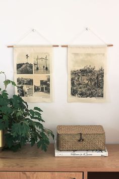 there are two pictures hanging on the wall above a wooden dresser with a plant in front of it