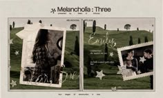 an advertisement for melanchoia three with two pictures of people in the background