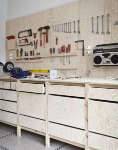 the workbench has many tools on it