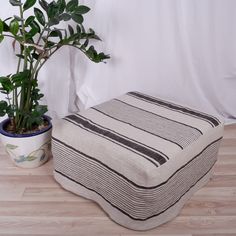 a potted plant sitting on top of a wooden floor next to a striped ottoman