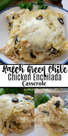 chicken enchilada casserole with cheese and black olives on top