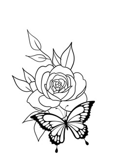 a black and white drawing of a rose with a butterfly on it's side