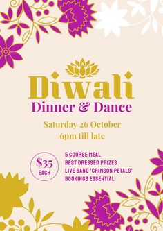 a flyer for a dinner and dance event with flowers on the front, in purple and yellow