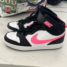 Brand New Nike High Top Pink/White/ Black Sneakers Size 6.5! Black And Pink Nike Shoes, Teen Shoes Nike, Pink And Black Sneakers, Pink Nike Shoes Women, Pink And Black Nike Shoes, Pink And Black Shoes, Black Nike High Tops, Nike High Top Shoes