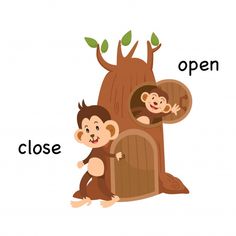 an animal alphabet with two monkeys on the tree and one monkey in the open door