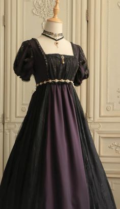 Dark Purple Victorian Dress, Regency Era Prom Dresses, Black And Purple Dress Prom, Purple Vintage Outfit, Dark Purple Wedding Dress, Dark Purple Outfit, Bridgerton Outfits, Regency Ball Gown, Bridgerton Oc