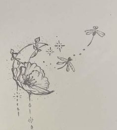 a drawing of flowers and dragonflies flying in the sky with drops of water on them