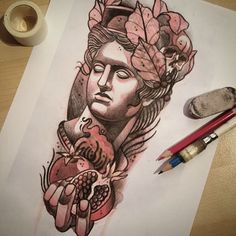 a drawing of a woman with flowers on her head, holding a heart in her hands