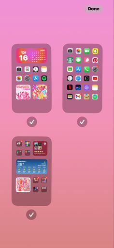 an iphone with different icons on it and the text done in pink, red and blue