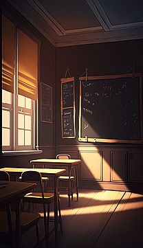 an empty classroom with desks and chalkboard