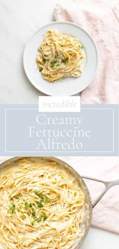 creamy fettuccine alfredo in a skillet on a white table with pink linen