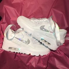 Bling Nike Shoes, All White Sneakers, Air Max 90 Women, Nike Air Max White, Ribbon Laces