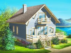 a painting of a house next to a lake with stairs leading up to the front door