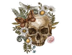 a human skull with flowers and butterflies on it's head is shown in this image