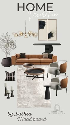 an interior design board with furniture and decor