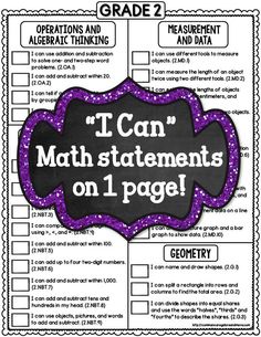 a purple and black poster with the words i can, math statements on 1 page