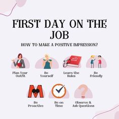 the first day on the job poster is shown with different things to do in it