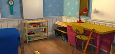 a child's room with blue walls and wooden floors