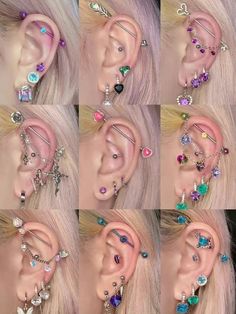 several different types of ear piercings on a blonde woman's head and behind her ear