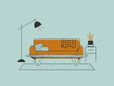 an orange couch sitting on top of a rug in front of a lamp and table