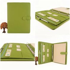 four different views of a green folder with notepads and pen in it, including an apple tree