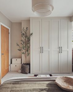 a bedroom with white cupboards and a tree in the corner on the floor next to it