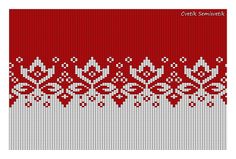 a red and white cross stitched pattern with flowers on it's border,