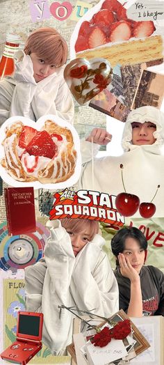 the collage has pictures of people and food on it, including strawberry pies