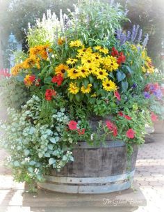 a barrel filled with lots of colorful flowers