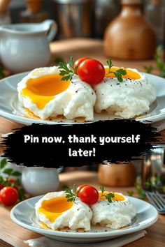 two white plates topped with food on top of a wooden table