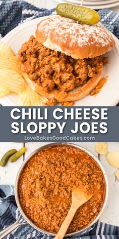 Chili Cheese Sloppy Joes pin collage Chili Sloppy Joes, Cheesy Sloppy Joe Recipe, Easy Weekday Meals, Sloppy Joes Recipe, Chili Cheese, Trending Recipes, Best Food Ever, Sloppy Joes, Soup And Sandwich