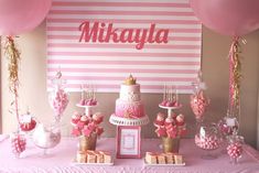 a pink and white dessert table with balloons