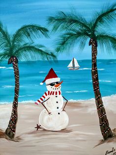 a painting of a snowman on the beach with palm trees and sailboats in the background