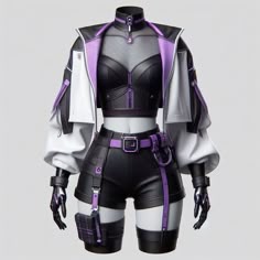 Futuristic Clothing Aesthetic, Cyberpunk Outfit Colorful, Cyberpunk Fashion Aesthetic, Outfit Ideas Cyberpunk, Purple Cyberpunk Outfit, Cyberpunk Inspired Outfit, Villain Outfits Design, Cyberpunk Outfit Ideas, Cyberpunk Outfit Art