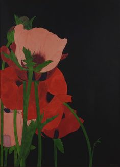 a painting of red and pink flowers on a black background with green stems in the foreground